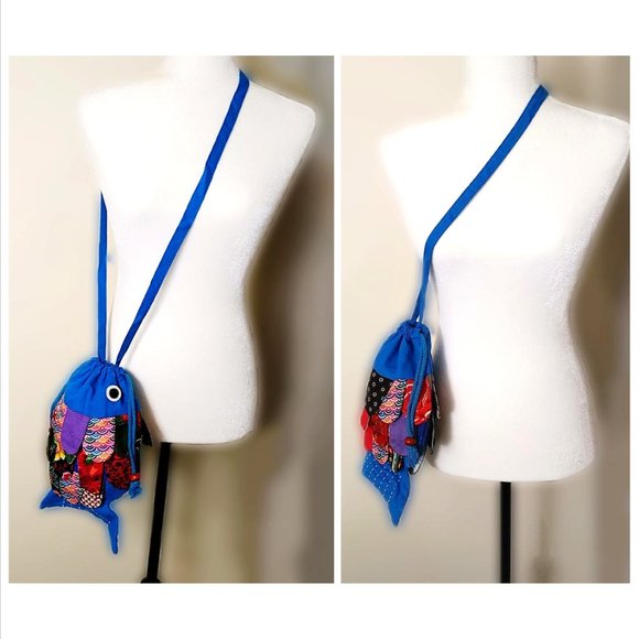 New Patchwork Kids Fish Blue Crossbody Bag Mini Tote Drawstring Red Purple Lined - Picture 3 of 11